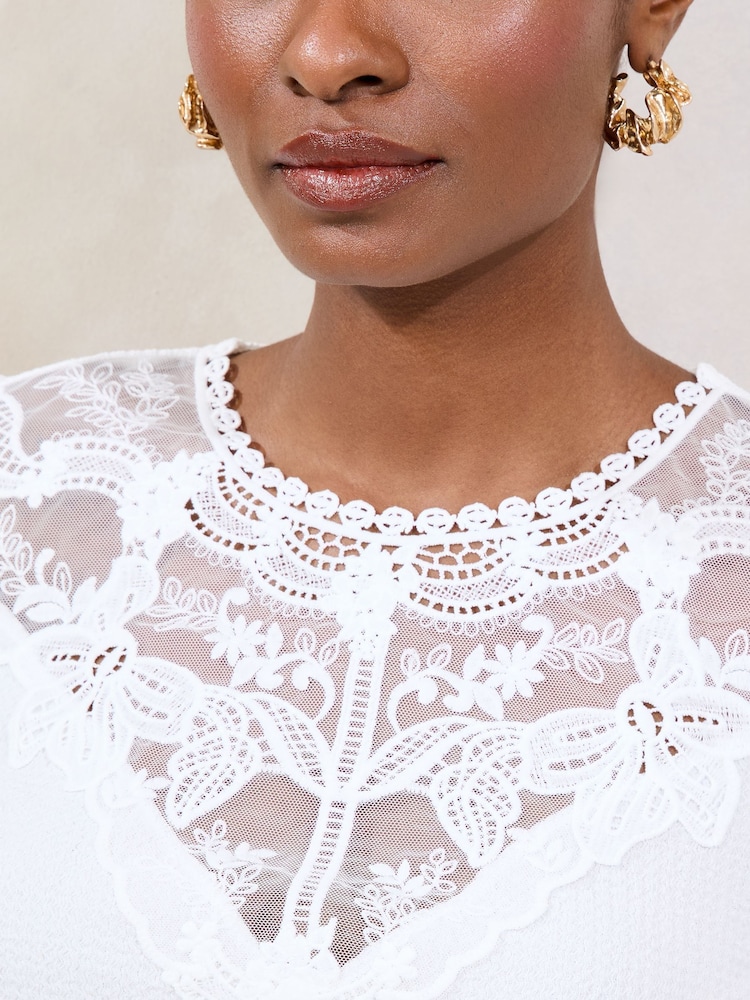 Lipsy White Short Puff Sleeve Lace Detail T-Shirt - Image 2 of 4