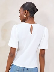 Lipsy White Short Puff Sleeve Lace Detail T-Shirt - Image 4 of 4