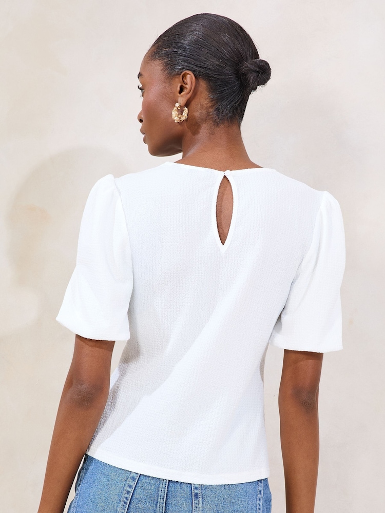 Lipsy White Short Puff Sleeve Lace Detail T-Shirt - Image 4 of 4