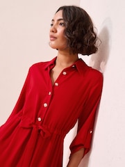 Friends Like These Red Long Sleeve Button Through Midi Shirt Dress - Image 2 of 4