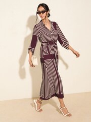 Friends Like These Purple Geo Petite Long Sleeve Button Through Midi Shirt Dress - Image 3 of 4