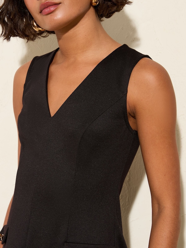 Friends Like These Black Mini Fit Sleeveless V-Neck And Flare Button Detail Dress - Image 2 of 4