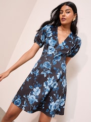 Friends Like These Black and Blue Floral V-Neck Puff Sleeve Structured Mini Dress - Image 3 of 4