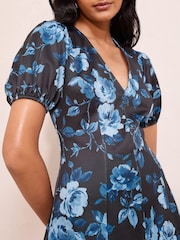 Friends Like These Black and Blue Floral V-Neck Puff Sleeve Structured Mini Dress - Image 4 of 4