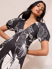 Friends Like These Black Floral Stencil V-Neck Puff Sleeve Structured Mini Dress - Image 2 of 4