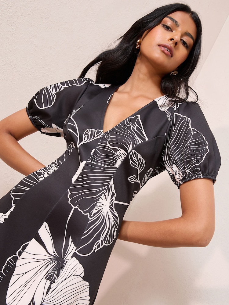 Friends Like These Black Floral Stencil V-Neck Puff Sleeve Structured Mini Dress - Image 2 of 4