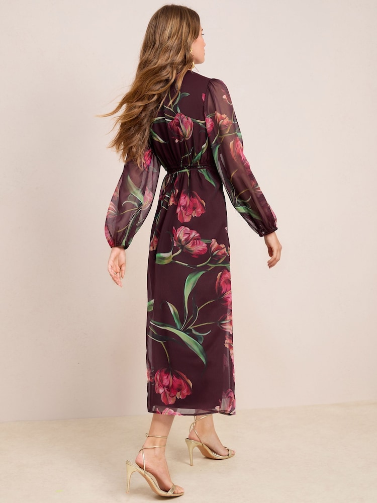 Friends Like These Purple Floral Chiffon Long Sleeve V-Neck Midi Dress - Image 4 of 4 Friends Like These Purple Floral Chiffon Long Sleeve V-Neck Midi Dress - Image 4 of 4