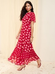 Friends Like These Pink Spot Short Sleeve Chiffon Tiered Maxi Dress - Image 1 of 4