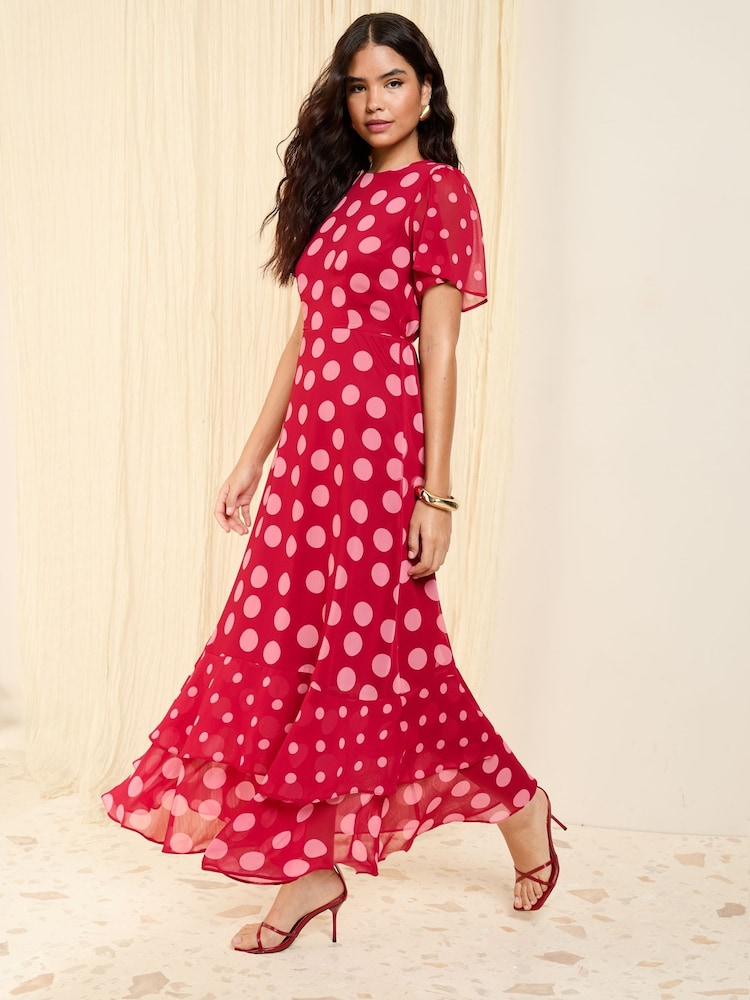 Friends Like These Pink Spot Short Sleeve Chiffon Tiered Maxi Dress - Image 1 of 4