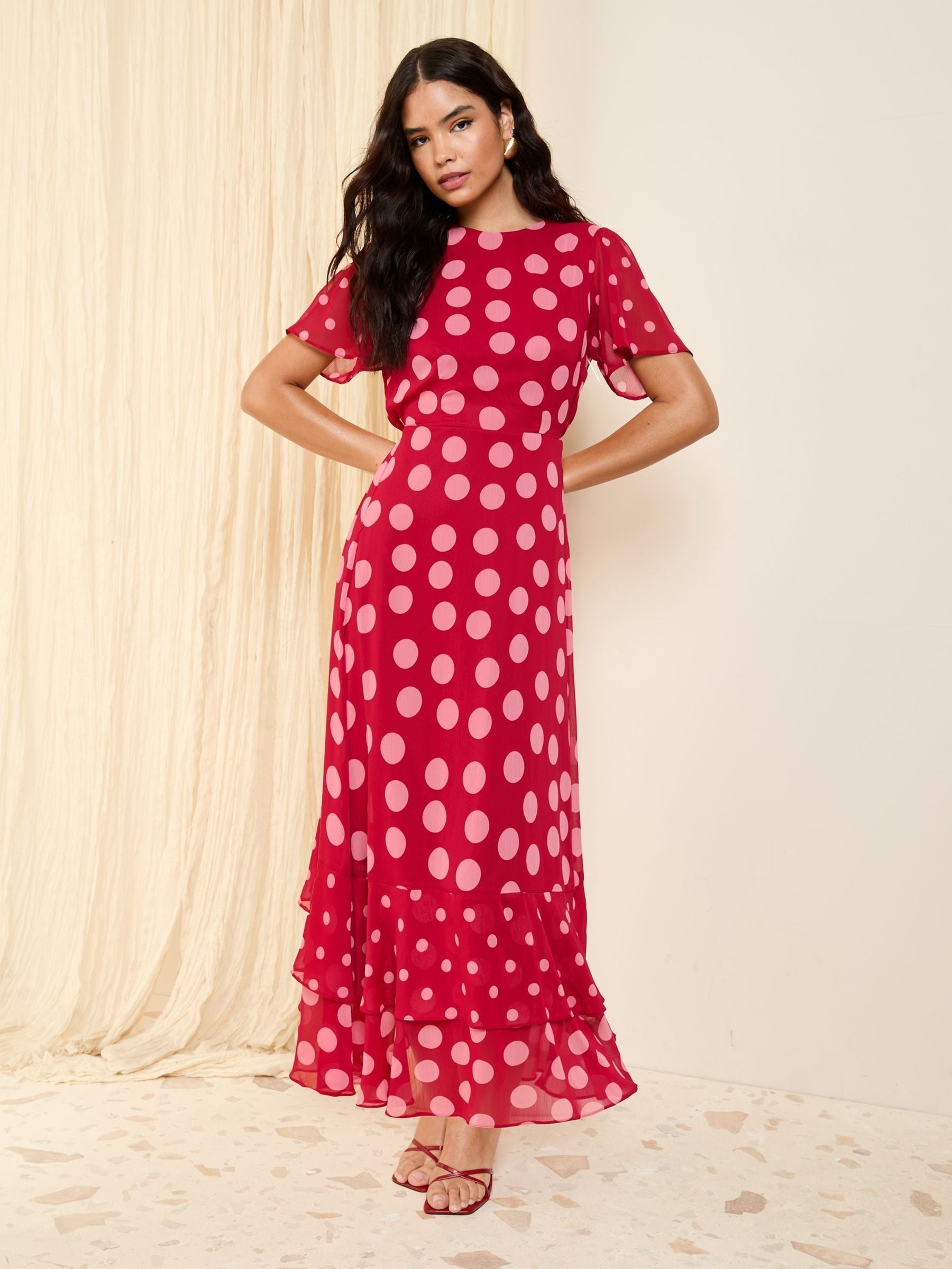 Buy Friends Like These Pink Spot Short Sleeve Chiffon Tiered Maxi