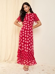 Friends Like These Pink Spot Short Sleeve Chiffon Tiered Maxi Dress - Image 3 of 4
