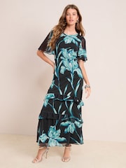 Friends Like These Black/Teal Floral Print Chiffon Angel Sleeve Tiered Hem Maxi Dress - Image 1 of 4