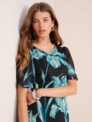 Friends Like These Black/Teal Floral Print Chiffon Angel Sleeve Tiered Hem Maxi Dress - Image 2 of 4