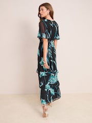 Friends Like These Black/Teal Floral Print Chiffon Angel Sleeve Tiered Hem Maxi Dress - Image 4 of 4