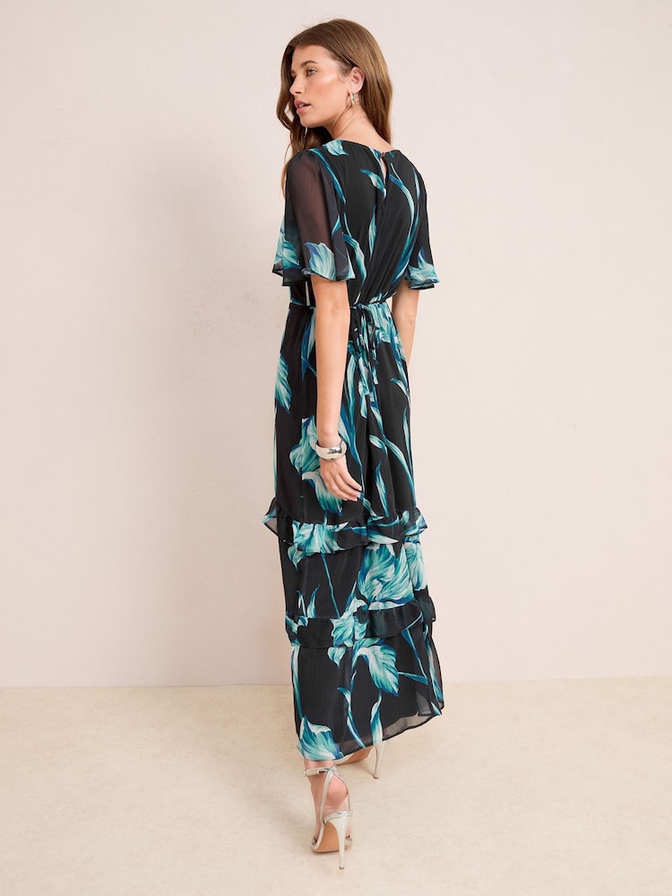 Friends Like These Black/Teal Floral Print Chiffon Angel Sleeve Tiered Hem Maxi Dress - Image 4 of 4