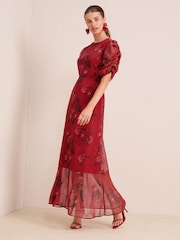 Friends Like These Red Floral Chiffon Ruched Sleeve Frill Hem Maxi Dress - Image 1 of 4