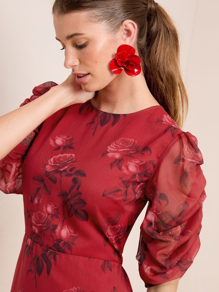 Friends Like These Red Floral Chiffon Ruched Sleeve Frill Hem Maxi Dress - Image 2 of 4
