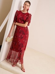 Friends Like These Red Floral Chiffon Ruched Sleeve Frill Hem Maxi Dress - Image 3 of 4