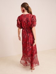 Friends Like These Red Floral Chiffon Ruched Sleeve Frill Hem Maxi Dress - Image 4 of 4