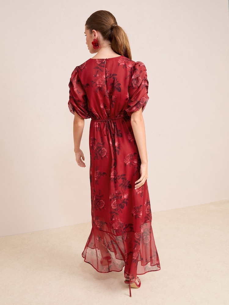 Friends Like These Red Floral Chiffon Ruched Sleeve Frill Hem Maxi Dress - Image 4 of 4