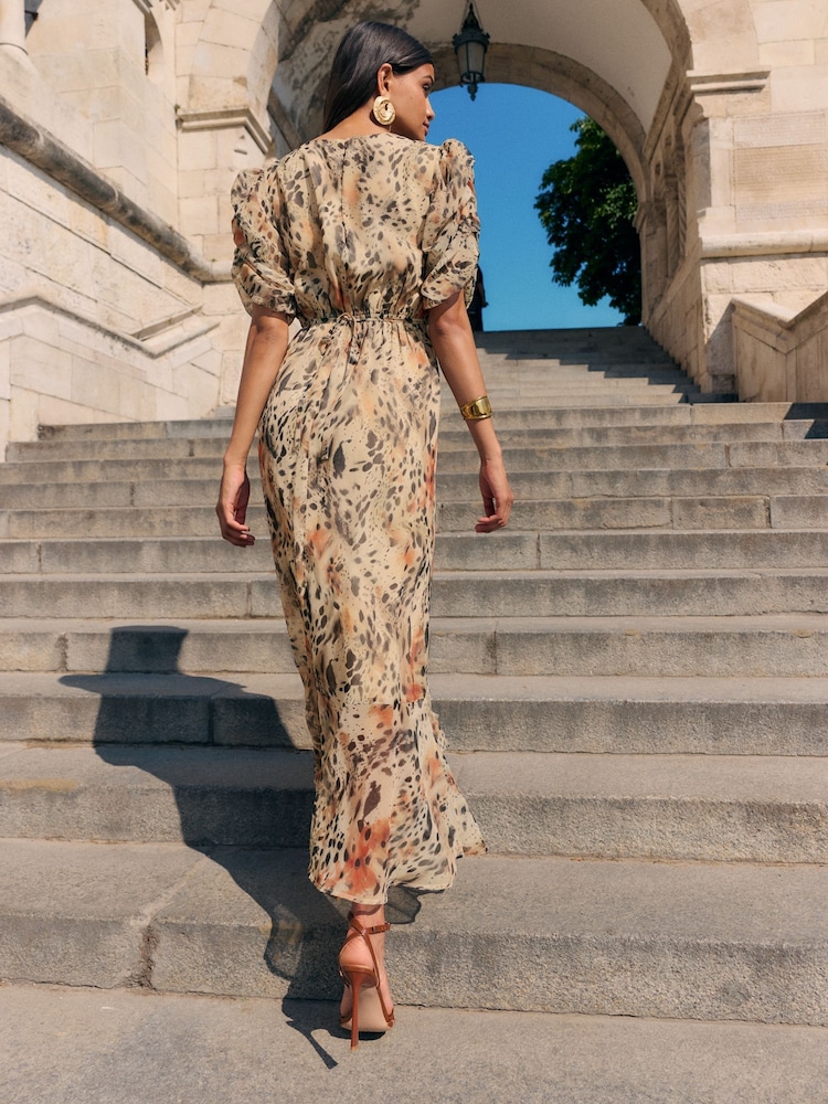 Friends Like These Brown Animal Chiffon Ruched Sleeve Frill Hem Maxi Dress - Image 4 of 4 Friends Like These Brown Animal Chiffon Ruched Sleeve Frill Hem Maxi Dress - Image 4 of 4