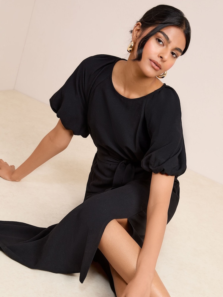 Friends Like These Black Puff Sleeve Raglan Tie Waist Belt Midi Dress - Image 2 of 5