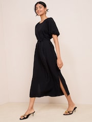 Friends Like These Black Puff Sleeve Raglan Tie Waist Belt Midi Dress - Image 3 of 5