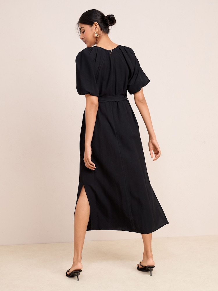 Friends Like These Black Puff Sleeve Raglan Tie Waist Belt Midi Dress - Image 5 of 5
