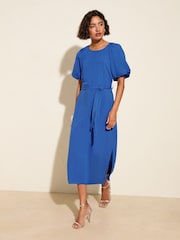 Friends Like These Blue Puff Sleeve Raglan Tie Waist Belt Midi Dress - Image 1 of 2