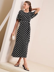 Friends Like These Black/White Puff Sleeve Raglan Tie Waist Belt Midi Dress - Image 1 of 4