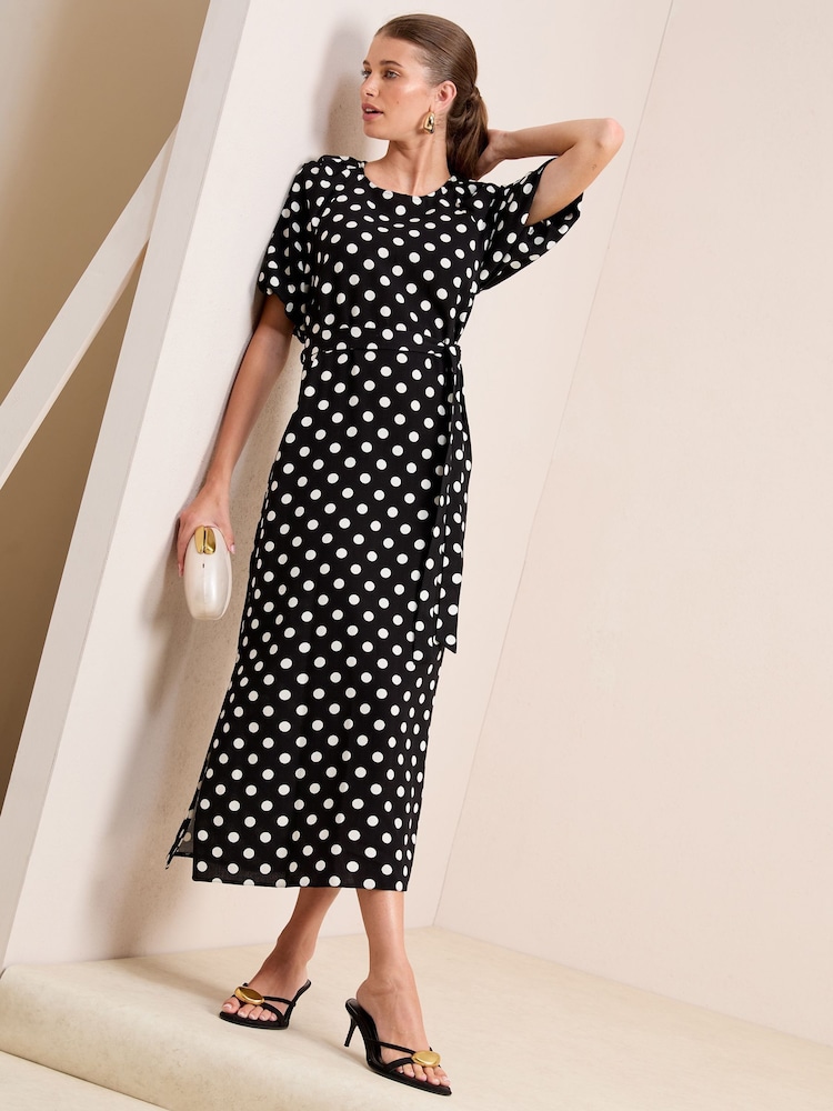 Friends Like These Black/White Puff Sleeve Raglan Tie Waist Belt Midi Dress - Image 1 of 4