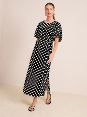 Friends Like These Black/White Puff Sleeve Raglan Tie Waist Belt Midi Dress - Image 3 of 4
