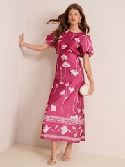 Friends Like These Berry Red Floral Print Satin Puff Sleeve Scoop Neck Midi Dress - Image 3 of 4
