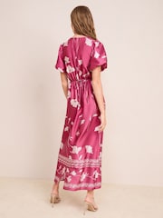 Friends Like These Berry Red Floral Print Satin Puff Sleeve Scoop Neck Midi Dress - Image 4 of 4