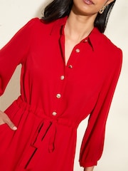 Friends Like These Red Long Sleeve Button Through Mini Shirt Dress - Image 2 of 4