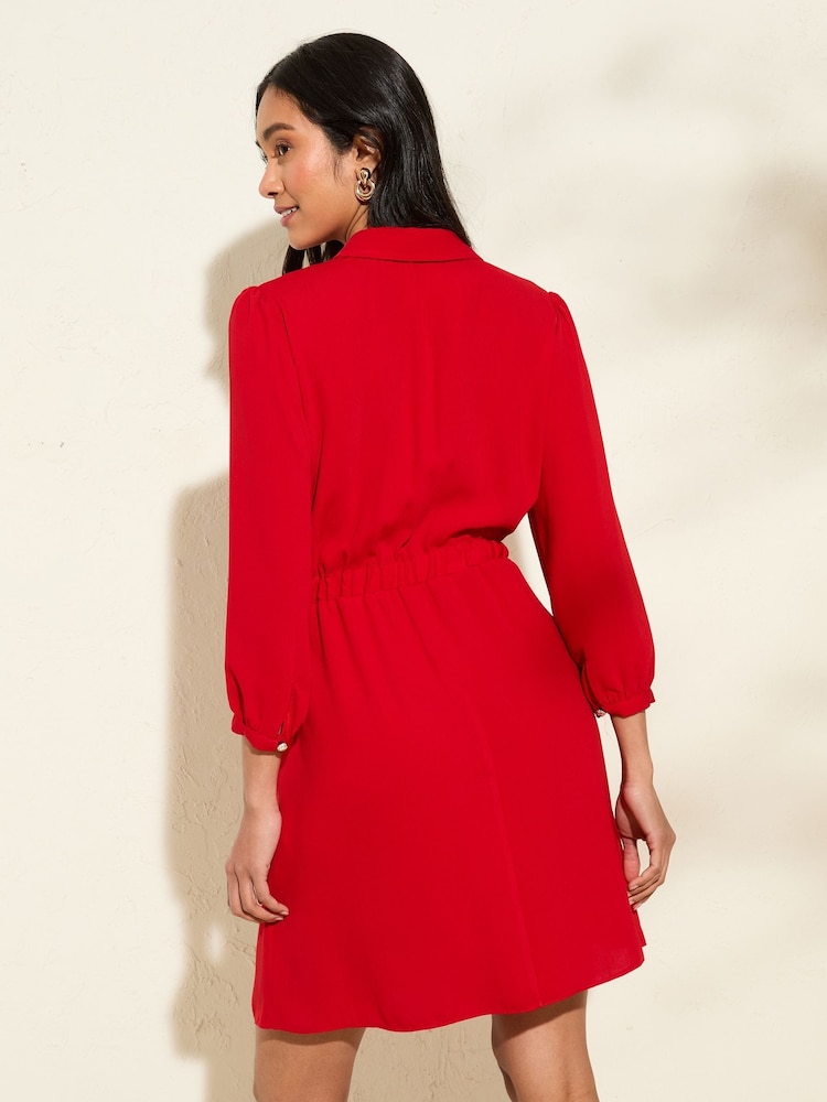 Friends Like These Red Long Sleeve Button Through Mini Shirt Dress - Image 4 of 4