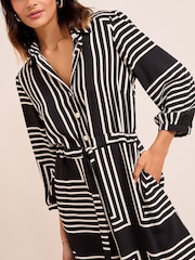 Friends Like These Black/White Long Sleeve Button Through Mini Shirt Dress - Image 2 of 4