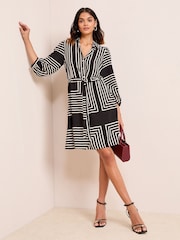 Friends Like These Black/White Long Sleeve Button Through Mini Shirt Dress - Image 3 of 4