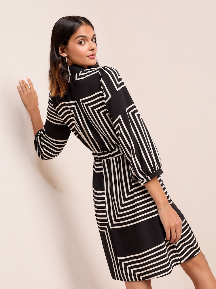 Friends Like These Black/White Long Sleeve Button Through Mini Shirt Dress - Image 4 of 4