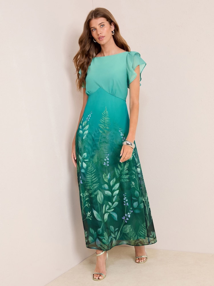 Friends Like These Teal Blue Chiffon Flutter Sleeve Placement Print Maxi Dress - Image 1 of 4 Friends Like These Teal Blue Chiffon Flutter Sleeve Placement Print Maxi Dress - Image 1 of 4