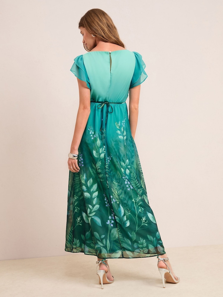 Friends Like These Teal Blue Chiffon Flutter Sleeve Placement Print Maxi Dress - Image 4 of 4 Friends Like These Teal Blue Chiffon Flutter Sleeve Placement Print Maxi Dress - Image 4 of 4