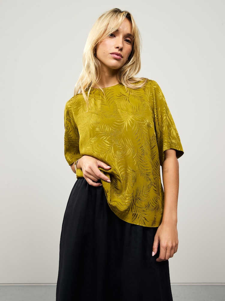 Ochre Yellow Short Sleeve Leaf Jacquard Satin Boxy T-Shirt - Image 1 of 8