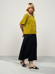 Ochre Yellow Short Sleeve Leaf Jacquard Satin Boxy T-Shirt - Image 2 of 8