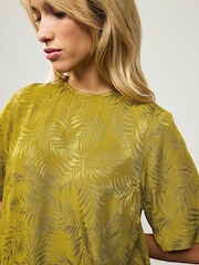 Ochre Yellow Short Sleeve Leaf Jacquard Satin Boxy T-Shirt - Image 4 of 8