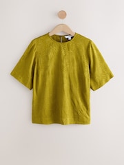 Ochre Yellow Short Sleeve Leaf Jacquard Satin Boxy T-Shirt - Image 6 of 8