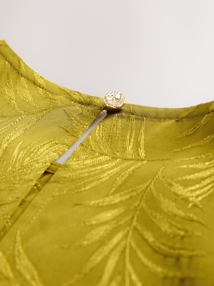Ochre Yellow Short Sleeve Leaf Jacquard Satin Boxy T-Shirt - Image 8 of 8