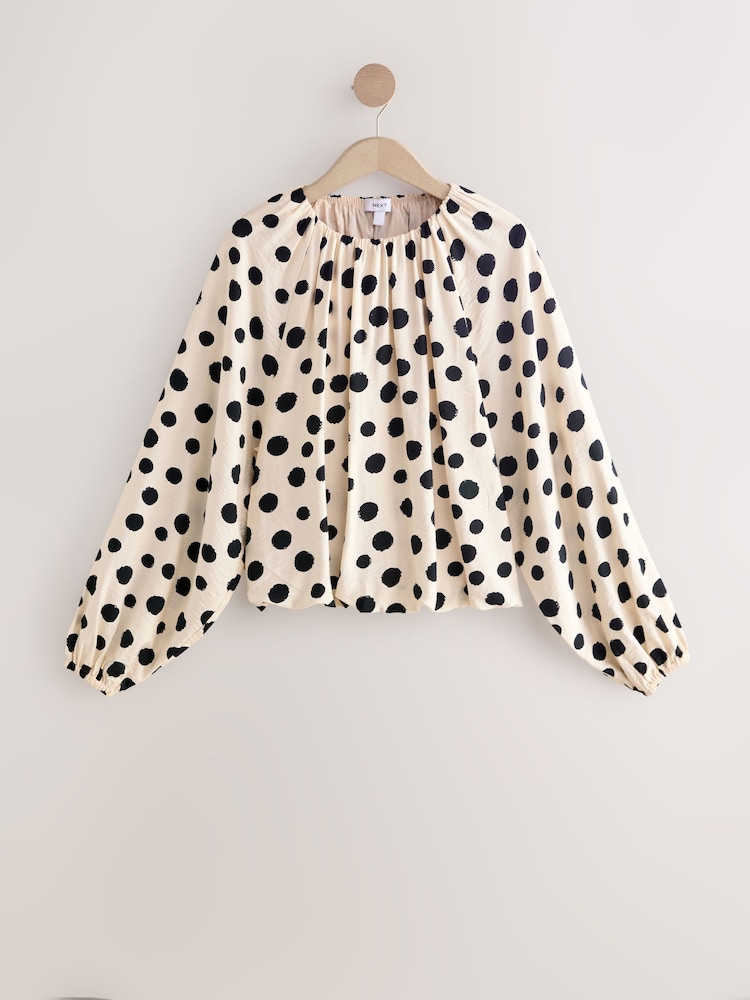 Cream/Black Polka Dot Long Sleeve Bubble Hem Top - Image 1 of 3 Cream/Black Polka Dot Long Sleeve Bubble Hem Top - Image 1 of 3