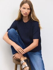 Navy Short Sleeve Leaf Jacquard Satin Boxy T-Shirt - Image 1 of 8