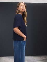 Navy Short Sleeve Leaf Jacquard Satin Boxy T-Shirt - Image 2 of 8