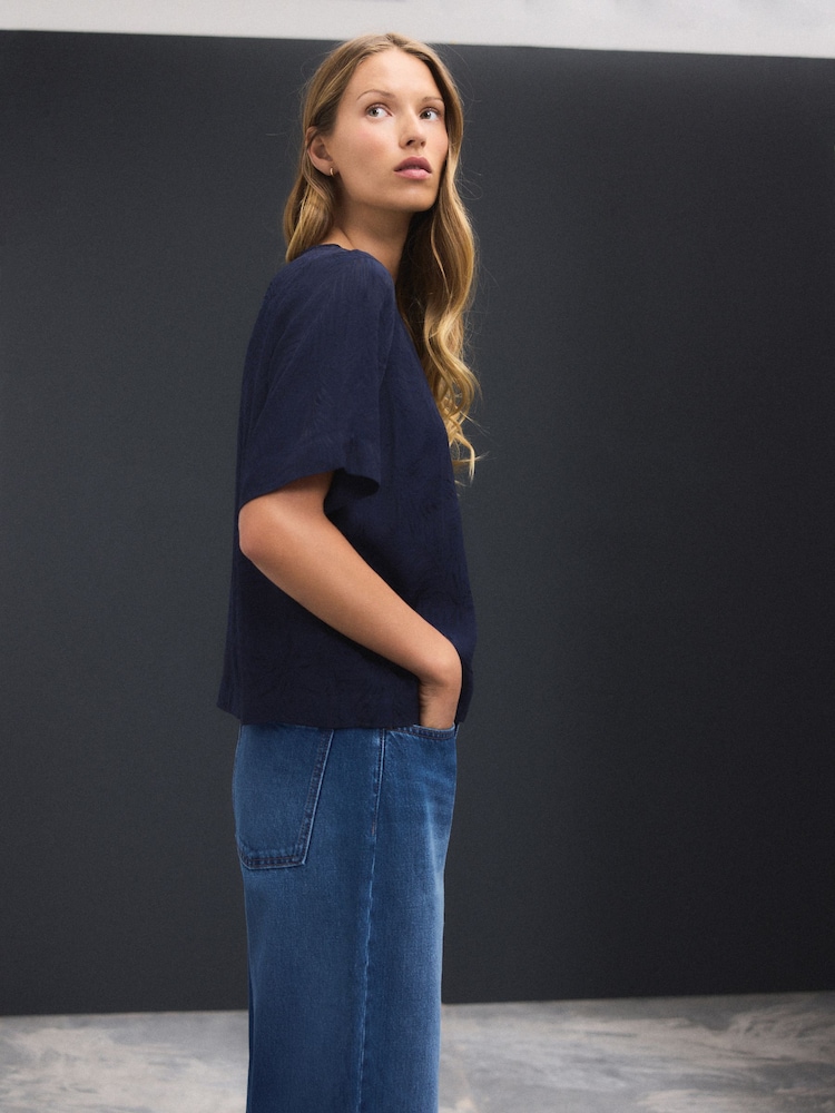 Navy Short Sleeve Leaf Jacquard Satin Boxy T-Shirt - Image 2 of 8